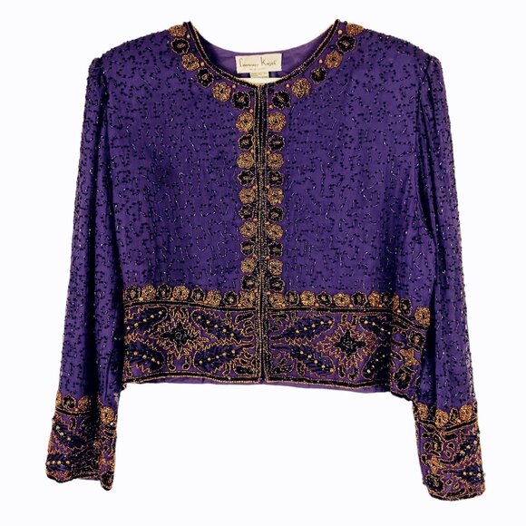 Laurence Kazar Jackets & Blazers - Vintage Laurence Kazar Cropped Silk Jacket Beaded Purple Gold PXL Evening Wear